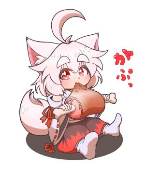 1girl ahoge animal_ear_fluff animal_ears bare_shoulders black_skirt boned_meat breasts commentary_request detached_sleeves eating fang food hat highres inubashiri_momiji large_breasts looking_at_viewer meat red_eyes red_hat red_skirt shirt short_hair shun_s86 simple_background sitting skirt sleeveless sleeveless_shirt socks solo tail thick_eyebrows touhou turtleneck turtleneck_shirt two-tone_skirt white_background white_hair white_shirt white_sleeves wolf_ears wolf_girl wolf_tail