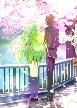 1boy 1girl absurdres ayuko_735 black_jacket black_pants black_skirt black_socks c.c. c.c._day cherry_blossoms code_geass commentary couple day falling_petals floating_hair flower from_behind full_body green_hair hanami hetero highres jacket kneehighs lake lelouch_vi_britannia lens_flare long_hair long_sleeves miniskirt outdoors pants petals pink_flower railing rainbow school_uniform short_hair side-by-side skirt socks standing straight_hair tree very_long_hair wind