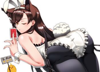 Rule 34 | 1girl, animal ears, ass, atago (azur lane), azur lane, backless leotard, bent over, between fingers, black hair, black pantyhose, breasts, card, commentary request, cowboy shot, dog ears, dog girl, fake animal ears, fake tail, from behind, holding, holding card, kagiyama (clave), large breasts, leotard, long hair, looking at viewer, looking back, manjuu (azur lane), mole, mole under eye, one eye closed, pantyhose, parted lips, playboy bunny, rabbit ears, rabbit tail, simple background, solo, tail, white background, white leotard, wrist cuffs, yellow eyes