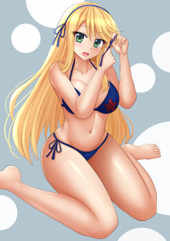 Rule 34 | 1girl, :d, arm up, bare arms, bare legs, bare shoulders, barefoot, bikini, blonde hair, blue bikini, blue hairband, blush, breasts, commentary, commission, english commentary, green eyes, groin, hair between eyes, hairband, hand up, highres, katsuragi (senran kagura), kazenokaze, large breasts, long hair, looking at viewer, navel, open mouth, senran kagura, side-tie bikini bottom, sitting, smile, solo, swimsuit, very long hair, wariza