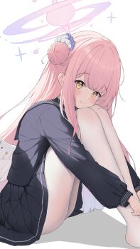 1girl absurdres angel_wings aqua_hair black_shirt black_skirt blue_archive blush closed_mouth commentary_request feathered_wings feet_out_of_frame flower gradient_hair hair_bun hair_flower hair_ornament halo highres long_sleeves looking_at_viewer low_wings mika_(blue_archive) multicolored_hair pink_hair pink_halo pleated_skirt school_uniform shirayui_(shirakawaui) shirt simple_background single_hair_bun single_side_bun sitting skirt smile solo white_background white_wings wings yellow_eyes