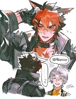 Rule 34 | 2boys, animal ear fluff, animal ears, arm behind head, averting eyes, black gloves, black hair, black jacket, blush, closed eyes, collar, collarbone, commentary request, crossed bangs, dog boy, dog ears, fang, flying sweatdrops, from behind, gloves, grey hair, grin, hair between eyes, half-closed eyes, hand on own head, implied yaoi, jacket, jewelry, komano manato, multicolored hair, multiple boys, multiple views, muscular, muscular male, necklace, nekokawaii1853, official alternate costume, open mouth, red eyes, red hair, scar, scar across eye, scar on face, short hair, signature, simple background, smile, speech bubble, spiked jacket, sweat, v-shaped eyebrows, white background, wise (soaring crane) (zenless zone zero), wise (zenless zone zero), zenless zone zero