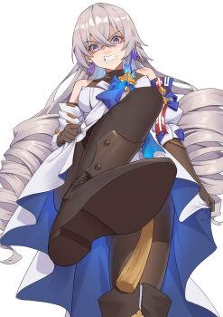 Rule 34 | 1girl, absurdres, aluo 7762, angry, bare shoulders, blue ribbon, bodysuit, boots, bronya rand, clenched teeth, detached sleeves, dress, drill hair, earrings, elbow gloves, from below, glaring, gloves, grey eyes, grey hair, hair between eyes, highres, honkai: star rail, honkai (series), jewelry, knee boots, long hair, looking at viewer, ribbon, scowl, shoe soles, simple background, solo, stomping, teeth, v-shaped eyebrows, white background, white dress
