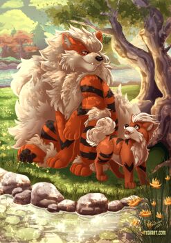 Rule 34 | arcanine, black fur, cloud, day, evolutionary line, flower, gen 1 pokemon, grass, growlithe, highres, looking at another, multicolored fur, nintendo, no humans, open mouth, orange fur, outdoors, pokemon, pokemon (creature), river, scenery, signature, standing, sunlight, tail, toxi de vyne, tree, water, watermark, web address, white fur, white hair