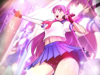 asamiya_athena hair_ornament idol music psycho_soldier purple_eyes purple_hair school_uniform singing snk star_(symbol) star_hair_ornament the_king_of_fighters the_king_of_fighters_xi