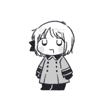 Rule 34 | 1girl, axis powers hetalia, blush stickers, boots, bow, buttons, chibi, chibi only, collared coat, full body, gloves, greyscale, hair bow, liechtenstein (hetalia), long sleeves, looking afar, mi aph to, military, military uniform, monochrome, open mouth, short hair, simple background, smile, solo, standing
