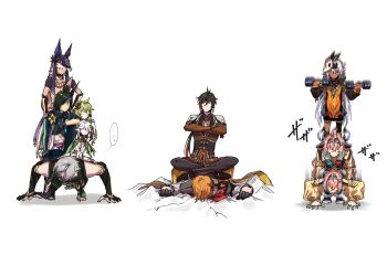 ... 4girls 5boys afterimage ahoge alhaitham_(genshin_impact) animal_ears aqua_hair bandaid bandaid_on_cheek bandaid_on_face bandaid_on_nose black_hair boy_on_top brown_hair cape coat collei_(genshin_impact) cow_ears cow_horns crack cracked_floor crossed_arms cyno_(genshin_impact) dark-skinned_female dark_skin dress dumbbell elbow_gloves exercising face_down faceless faceless_female faceless_male fox_boy fox_ears full_body genshin_impact gloves green_hair grey_hair hair_ornament hairband heavy height_difference highres holding holding_dumbbell horns iansan_(genshin_impact) long_hair long_sleeves looking_at_another low_ponytail lying medium_hair motion_lines multicolored_hair multiple_boys multiple_girls nahida_(genshin_impact) on_stomach orange_hair pants partially_fingerless_gloves pink_hair ponytail push-ups side_ponytail sitting sitting_on_person skull skull_hair_ornament spoken_ellipsis standing_on_person sweat tan tartaglia_(genshin_impact) tighnari_(genshin_impact) two-tone_hair varesa_(genshin_impact) very_long_hair weightlifting white_hair yuka_(pixiv38407039) zhongli_(genshin_impact)