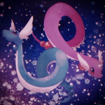 absurdres alternate_color blue_background commentary_request dragonair full_body gen_1_pokemon head_wings highres nintendo no_humans ouran pokemon pokemon_(creature) red_eyes shiny_and_normal shiny_pokemon signature wings