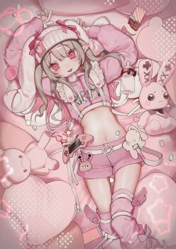1girl arms_up baby_bottle beanie blush bottle candy character_name chest_harness chocolate clothes_writing cropped_jacket earflap_beanie food frills grey_hair harness hat heart highres jacket kuru_umi long_hair long_sleeves looking_at_viewer loose_socks lying makaino_ririmu midriff multicolored_hair navel nijisanji on_back open_mouth pink_hair pink_jacket pink_ribbon pink_shorts pointy_ears red_eyes ribbon short_shorts shorts smile socks solo stomach streaked_hair stuffed_animal stuffed_rabbit stuffed_toy thighhighs track_jacket two_side_up virtual_youtuber white_wings wings