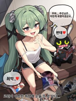 1girl absurdres alternate_costume bangboo_(zenless_zone_zero) black_shorts blush breasts butler_(zenless_zone_zero) censored commentary_request corin_wickes couch dolphin_shorts fang green_hair hair_between_eyes heart highres holding holding_magazine korean_commentary korean_text long_hair magazine_(object) mesugaki mosaic_censoring on_couch open_mouth out_of_character pornography purple_eyes sanfu_(sanfu9800) screw_hair_ornament shorts sitting small_breasts solo speech_bubble spoken_heart tank_top translation_request twintails white_tank_top zenless_zone_zero