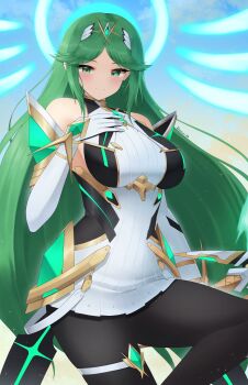 Rule 34 | 1girl, bare shoulders, black pantyhose, blue halo, breasts, chest jewel, cosplay, doiparuni, dress, earrings, elbow gloves, floating earrings, gloves, green eyes, green hair, halo, highres, jewelry, kid icarus, kid icarus uprising, large breasts, long hair, microdress, mythra (massive melee) (xenoblade), mythra (xenoblade), mythra (xenoblade) (cosplay), neon trim, nintendo, palutena, pantyhose, solo, thigh strap, tiara, very long hair, white dress, white gloves, xenoblade chronicles (series), xenoblade chronicles 2