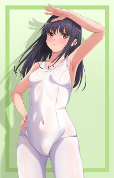 Rule 34 | 1girl, akippoi 0919, black hair, breasts, brown eyes, commentary, covered navel, cowboy shot, gradient background, green background, hand on own hip, highres, long hair, medium breasts, new school swimsuit, one-piece swimsuit, original, pantyhose, pantyhose under swimsuit, parted lips, school swimsuit, shaded face, solo, standing, swimsuit, wet one-piece swimsuit, white one-piece swimsuit, white pantyhose