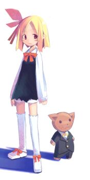 1boy 1girl archived_source arms_at_sides asami_natsuhito bad_link black_dress black_pants black_suit blonde_hair blush_stickers boots bow bowtie buttoned_cuffs buttons closed_mouth creature dress dress_shirt footwear_bow formal_clothes full_body gold_buttons harada_takehito_(style) legs_apart long_sleeves looking_at_viewer lowres medium_hair mr._smith neck_ribbon no_sclera original pants parted_bangs pointy_ears raised_eyebrow red_bow red_bowtie red_eyes red_ribbon ribbon shadow shirt short_dress shorts sidelocks simple_background sleeve_cuffs sleeves_past_wrists solid_eyes sophy standing suit thigh_boots undershirt white_background white_boots white_shirt white_shorts white_sleeves wing_collar yellow_ribbon