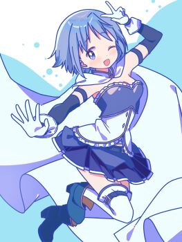 1girl ;d absurdres arm_up bare_shoulders blue_background blue_boots blue_eyes blue_hair blue_shirt blue_skirt blue_sleeves blush boots breasts cape cleavage commentary detached_sleeves full_body gloves highres long_sleeves looking_at_viewer mahou_shoujo_madoka_magica mahou_shoujo_madoka_magica_(anime) miki_sayaka one_eye_closed open_mouth outstretched_arm pleated_skirt revision ruru_(rurumagi) shirt short_hair skirt smile solo strapless strapless_shirt thighhighs twitter_username white_cape white_gloves white_thighhighs zettai_ryouiki