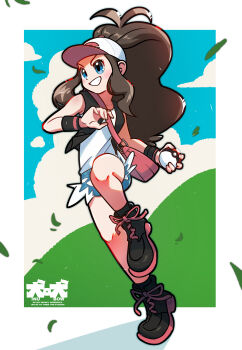 1girl absurdres antenna_hair bag baseball_cap black_boots black_vest blue_eyes boots brown_hair commentary_request exposed_pocket falling_leaves full_body grin hat hebuire_oekaki highres hilda_(pokemon) holding holding_poke_ball leaf long_hair nintendo open_clothes open_vest pink_bag poke_ball poke_ball_(basic) pokemon pokemon_black_and_white shirt short_shorts shorts shoulder_bag sidelocks sleeveless sleeveless_shirt smile solo teeth vest white_hat white_shirt wristband