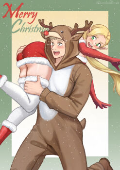 1boy 1girl animal_costume ass blonde_hair blush boots border brown_eyes christmas commentary dress dungeon_meshi elbow_gloves elf english_commentary fur-trimmed_gloves fur-trimmed_thighhighs fur_trim gloves green_border green_eyes highres koolaidbois laios_touden long_hair marcille_donato merry_christmas open_mouth parted_bangs pointy_ears red_boots red_dress red_gloves reindeer_costume santa_costume santa_dress short_dress short_hair smile snow thighhighs twitter_username white_thighhighs