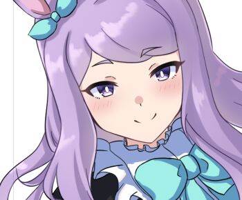 1girl animal_ears aqua_bow blush bow commentary_request ear_bow ear_ribbon horse_ears horse_girl long_hair looking_at_viewer mejiro_mcqueen_(frontline_elegance)_(umamusume) mejiro_mcqueen_(umamusume) portrait purple_eyes purple_hair shoutoro smile solo umamusume