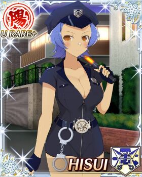 1girl bandage_on_nose baton_(weapon) blue_hair blush breasts brown_eyes card_(medium) cleavage closed_mouth cuffs dark-skinned_female dark_skin english_text fingerless_gloves game_cg gloves handcuffs hat hisui_(senran_kagura) large_breasts light_frown looking_at_viewer night non-web_source official_alternate_costume official_art outdoors parted_bangs police police_badge police_hat police_uniform policewoman senran_kagura senran_kagura_new_wave short_hair solo tan weapon