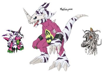 Rule 34 | belt, claws, digimon, digimon (creature), horns, missile, oridigi, original, psychemon, sharp teeth, skullgreymon, tail, teeth