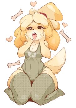 1girl animal_crossing animal_ears bad_id bad_pixiv_id blonde_hair body_fur bone breasts chestnut_mouth cleavage dog_ears dog_girl dog_tail drooling female_focus full_body furry furry_female grey_one-piece_swimsuit hands_on_own_face heart highres isabelle_(animal_crossing) kneeling nintendo one-piece_swimsuit pear-shaped_figure round_teeth saliva school_swimsuit seiza short_hair simple_background sitting slugbox small_breasts solo striped_clothes striped_thighhighs swimsuit tail tareme teeth thick_eyebrows thick_thighs thigh_gap thighhighs thighs tongue tongue_out topknot torogao unmoving_pattern wide_hips