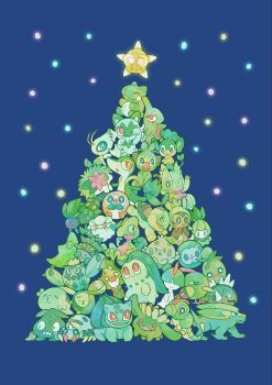 antennae arms_up basculin basculin_(white) black_sclera blue_background blue_skin budew bulbasaur burmy burmy_(plant) cacnea caterpie celebi chespin chikorita christmas christmas_lights christmas_tree claws closed_eyes colored_sclera colored_skin commentary_request cottonee covered_eyes electrike eye_contact fangs ferroseed flower gen_1_pokemon gen_2_pokemon gen_3_pokemon gen_4_pokemon gen_5_pokemon gen_6_pokemon gen_7_pokemon gen_8_pokemon green_eyes green_skin green_theme grookey gulpin highres hoppip kecleon larvitar leaf legendary_pokemon looking_at_another looking_up metapod minior minior_(core) minior_(yellow_core) mythical_pokemon natu nintendo no_humans oddish one_eye_closed open_mouth pansage paw_up petilil pink_flower pokemon pokemon_(creature) pokemon_focus ralts red_eyes rowlet sewaddle shaymin shaymin_(land) shroomish sideways_mouth slit_pupils smile smoliv snivy solosis spinarak spines sprigatito sprout_on_head sssmk_no substitute_(pokemon) tongue tongue_out treecko trubbish turtwig wavy_mouth yellow_eyes