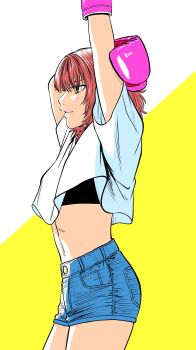 1girl arms_up black_sports_bra blue_shorts boxing_gloves breasts brown_eyes commentary_request cowboy_shot cropped_shirt denim denim_shorts from_side gloves hatching_(texture) highres lee_(dragon_garou) light_blush linea_alba medium_hair midriff original pink_gloves red_hair shirt short_shorts shorts small_breasts solo sports_bra stretching white_shirt