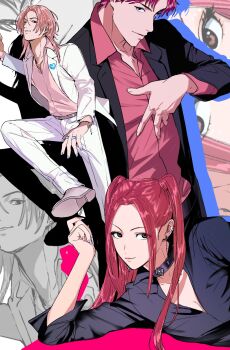 Rule 34 | 1girl, 2boys, abby (kpop demon hunters), alternate costume, amikoiiko, bead bracelet, beads, black eyes, black shirt, blue nails, bracelet, breasts, brown eyes, charm (object), choker, cleavage, closed mouth, collarbone, collared shirt, commentary, dress shirt, drop shadow, ear piercing, earrings, english commentary, feather earrings, feathers, fingernails, foot out of frame, formal clothes, glitter, half updo, heart ornament, highres, index ring, jewelry, kpop demon hunters, lapels, light smile, long fingernails, long hair, long sleeves, looking at viewer, medium hair, mira (kpop demon hunters), mismatched eyebrows, multicolored nails, multiple boys, multiple piercings, multiple rings, nail polish, notched lapels, piercing, pink hair, pink lips, pink nails, pink shirt, pleated pants, polyamory, ring, romance (kpop demon hunters), shirt, short hair, suit, twintails, upper body, very long fingernails, white suit, zoom layer