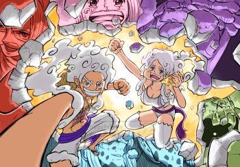 1boy 1girl alternate_form apple7apo bartholomew_kuma breasts clenched_hand cloud_hair cover curvy eating flashback food gear_fifth ginny_(one_piece) grin happy holding holding_food jaygarcia_saturn jewelry_bonney large_breasts long_hair looking_at_viewer monkey_d._luffy one_piece piercing pizza pizza_slice pointing pun sad scar scar_on_chest smile wide_hips