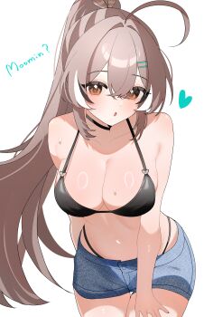 Rule 34 | 1girl, absurdres, ahoge, alternate costume, bikini, bikini bottom under shorts, bikini under clothes, black bikini, black hair, breasts, brown eyes, brown hair, cleavage, commentary, cowboy shot, crossed bangs, denim, denim shorts, double-parted bangs, hair between eyes, hair ornament, hairclip, halterneck, heart, high ponytail, highleg, highleg bikini, highres, hololive, hololive english, large breasts, leaning forward, long hair, looking at viewer, multicolored hair, nanashi mumei, navel, open mouth, parallel hairclips, ponytail, revision, short shorts, shorts, shusuchii, sidelocks, simple background, solo, streaked hair, swimsuit, untranslatable commentary, very long hair, virtual youtuber, white background, white hair