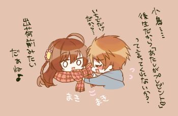 Rule 34 | :d, ahoge, blush stickers, bow, braid, brown hair, brown scarf, chibi, chibi only, chogi, closed eyes, cropped torso, facing another, flower, flying sweatdrops, grey hoodie, hair between eyes, hair flower, hair ornament, hood, hood down, hoodie, kanbe kotori, long hair, looking at another, motion lines, musical note, o o, open mouth, orange background, orange hair, pink flower, plaid clothes, plaid scarf, profile, rewrite, scarf, scarf bow, short hair, side braid, simple background, smile, sound effects, spiked hair, tennouji kotarou, translation request, upper body