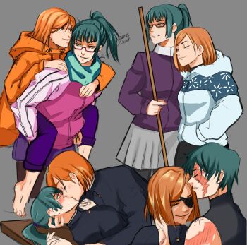 2girls barefoot black_jacket blue_scarf blush closed_eyes coat commentary english_commentary eyepatch gakuran glasses green_hair grey_background grey_skirt highres holding jacket jujutsu_kaisen jujutsu_tech_uniform kiss kugisaki_nobara leggings long_hair lumen_sky multiple_girls orange_coat orange_hair parted_lips pink_jacket pleated_skirt ponytail purple_jacket purple_leggings scar scar_on_face scarf school_uniform short_hair simple_background skirt smile toes white_jacket yuri zen'in_maki