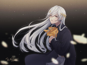 1girl artist_name black_background black_cat black_shirt bow bowtie brown_eyes cat collared_shirt commentary_request commission commissioner_name cowboy_shot eili_(eili) grey_hair hair_between_eyes highres laurel_crown light_particles long_hair long_sleeves looking_at_viewer original oshamu own_hands_together parted_bangs shirt skeb_commission skirt solo very_long_hair white_skirt yellow_bow yellow_bowtie