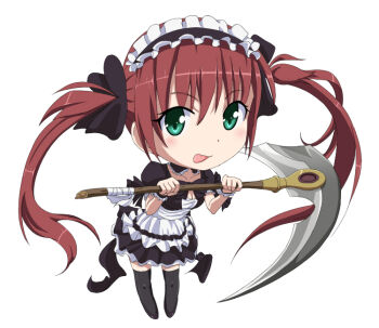 Rule 34 | :p, airi (queen's blade), chibi, green eyes, long hair, maid, maid headdress, queen's blade, red hair, ribbon, scythe, thighhighs, tongue, tongue out, twintails, yoshida keiji