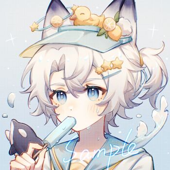 1girl animal_ear_fluff animal_ears bai_li_xuan blue_eyes blue_hat blue_sailor_collar blush cat_ears cat_girl double-parted_bangs eating food grey_background hair_between_eyes hat holding holding_food holding_popsicle original popsicle portrait rubber_duck sailor_collar short_hair simple_background solo white_hair