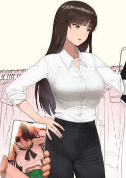 1girl a1_(initial-g) blunt_bangs breasts brown_eyes brown_hair cellphone cellphone_photo dress_shirt formal_clothes girls_und_panzer highres holding holding_phone implied_fellatio juxtaposition large_breasts long_hair long_sleeves mature_eyes mature_female nishizumi_shiho ooarai_school_uniform open_mouth phone photo_(object) pov pov_hands school_uniform shirt skirt smartphone standing straight_hair viewer_holding_phone