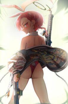 1girl absurdres ahoge animal_ear_hairband animal_ears ass backless_leotard bare_shoulders black_nails blue_archive blush braid closed_mouth detached_collar dual_wielding fake_animal_ears fake_tail feet_out_of_frame floating_hair from_behind gun hairband halo highres holding holding_gun holding_weapon huge_ahoge jacket leotard loli looking_at_viewer looking_back mole mole_under_eye nail_polish neru_(blue_archive) neru_(bunny)_(blue_archive) off_shoulder official_alternate_costume playboy_bunny print_jacket rabbit_ear_hairband rabbit_ears rabbit_tail red_eyes red_hair red_leotard short_hair side_braid sig_mpx single_braid smile solo standing strapless strapless_leotard submachine_gun sukajan tag tail walking_nakta weapon