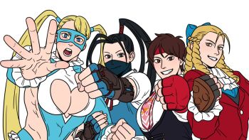 4girls archived_source arm_up artist_name ascot black_eyes black_gloves black_vest blonde_hair blue_bodysuit blue_bow blue_leotard blue_mask bodysuit bow braid breasts brown_eyes brown_hair buttons cleavage cleavage_cutout clenched_hand clothing_cutout commentary drill_hair efd english_commentary eye_mask fingerless_gloves frills gloves hair_bow hair_tie hand_up headband holding_another's_arm ibuki_(street_fighter) jacket kanzuki_karin kasugano_sakura large_breasts layered_ascot leotard long_hair long_sleeves looking_at_viewer mask mouth_mask multicolored_necktie multiple_drills multiple_girls muscular muscular_female necktie official_alternate_costume open_hand open_mouth padded_gloves ponytail rainbow_mika red_gloves red_headband red_jacket ringlets school_uniform shirt short_hair short_sleeves side_cutout sleeves_rolled_up smile street_fighter street_fighter_v twintails vest white_background white_shirt wrestling_mask yellow_eyes