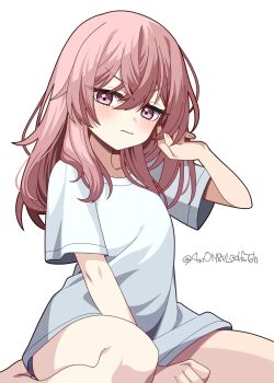 Rule 34 | 1girl, 3:, 4rion, absurdres, barefoot, between legs, blush, clenched hand, closed mouth, commentary, cowboy shot, crossed bangs, eyelashes, eyes visible through hair, frown, hair between eyes, hand between legs, hand in own hair, hand up, highres, inui sajuna, long hair, pink hair, shirt, short sleeves, sidelocks, simple background, sitting, solo, sono bisque doll wa koi wo suru, t-shirt, thighs, tsurime, twitter username, v-shaped eyebrows, white background, white shirt