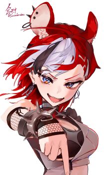 1girl animal_ear_fluff animal_ear_piercing animal_ears artist_name black_hair blue_eyes breasts cleavage cleavage_cutout clothing_cutout earrings fade_(haircut) fishnet_sleeves fishnets hakos_baelz hakos_baelz_(recolor) highres hololive hololive_english hoop_earrings jacket jewelry large_breasts medium_breasts midriff mouse_ears open_mouth pointing pointing_down red_hair sauce_darusungi sharp_teeth smile standing teeth transparent_background twitter_username virtual_youtuber watermark white_hair white_jacket