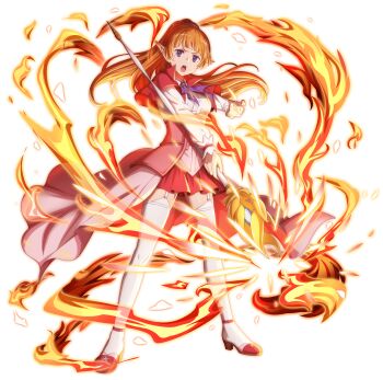 10s 1girl blush closed_eyes coat dfa760 dungeon_ni_deai_wo_motomeru_no_wa_machigatteiru_darou_ka elf fire highres horse_tail lefiya_viridis long_hair official_art orange_hair pointy_ears ponytail shoes skirt staff sword_oratoria tail teria_saga thighhighs very_long_hair weapon