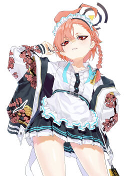 1girl ahoge apron black_skirt blue_archive braid center_frills commentary_request earrings fingernails frilled_apron frills from_below halo highres jacket jacket_on_shoulders jewelry looking_at_viewer maid_apron maid_headdress mole mole_under_eye nail_polish neck_ribbon neru_(blue_archive) open_collar orange_hair red_eyes ribbon shirt short_hair simple_background single_braid skirt solo stud_earrings sukajan thighs tukinuke_10 undone_neck_ribbon waist_apron white_apron white_background white_shirt