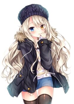 Rule 34 | 1girl, :o, beanie, black coat, black hat, blue eyes, blue skirt, blush, brown hair, brown thighhighs, coat, commentary request, cowboy shot, denim, denim skirt, female focus, fur trim, hand up, hat, heterochromia, long hair, long sleeves, looking at viewer, luca (nogi takayoshi), miniskirt, nogi takayoshi, open clothes, open coat, orange eyes, original, parted lips, shirt, simple background, skirt, solo, standing, striped clothes, striped shirt, thighhighs, very long hair, wavy hair, white background, white shirt, zettai ryouiki