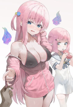1boy 2girls absurdres bare_shoulders bikini black_bikini blue_eyes blush bocchi_the_rock! breasts cleavage covered_erect_nipples cube_hair_ornament dress gotoh_futari gotoh_hitori grabbing_another&#039;s_sleeve grey_sailor_collar hair_between_eyes hair_ornament highres holding holding_juice_box jacket juice_box large_breasts long_hair long_sleeves looking_at_viewer merong_(sou47897) multiple_girls off_shoulder one_side_up open_mouth pink_hair pink_jacket sailor_collar sailor_dress short_hair siblings simple_background sisters skindentation sweat swimsuit thighhighs thighs white_background white_dress white_thighhighs