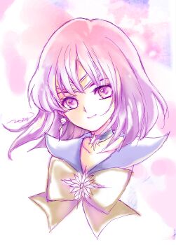 1girl absurdres bishoujo_senshi_sailor_moon blue_choker blue_sailor_collar blunt_ends bow bowtie brooch choker circlet closed_mouth collarbone cropped_shoulders diamond_earrings earrings eyelashes gold_circlet hair_between_eyes happy highres jewelry lan_sing light_particles lipstick magical_girl makeup medium_hair pink_background pink_lips planet_earrings purple_eyes purple_hair sailor_collar sailor_saturn signature smile solo star_(symbol) star_brooch star_choker tareme tomoe_hotaru two-tone_background white_background yellow_bow yellow_bowtie