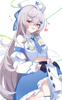 1girl absurdres ahoge angel angel_wings armband beatrixa_(stella_sora) blue_armband blue_gloves blue_necktie blue_skirt blush clothes_lift collared_shirt commentary_request crossed_bangs frilled_skirt frills gloves green_halo grey_hair hair_between_eyes halo hat heart highres kanimiso30601 lifting_own_clothes long_hair long_sleeves looking_at_viewer midriff necktie no_panties nurse nurse_cap open_mouth red_eyes shirt skirt skirt_lift smile solo stella_sora stethoscope stethoscope_around_neck stomach sweat thighhighs very_long_hair white_shirt white_thighhighs wings