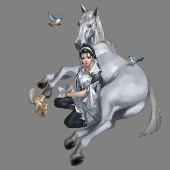 1girl absurdres bird black_hair black_pants dress full_body gloves grey_background grey_eyes hairband highres horse junny kazama_jun long_hair namco non-web_source official_art pants simple_background sitting smile solo squirrel tekken tekken_2 tekken_8 tekken_tag_tournament tekken_tag_tournament_2 white_dress white_gloves white_hairband