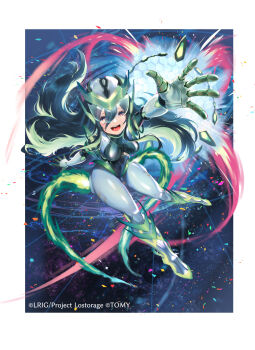 1girl aqua_bodysuit aqua_gloves black_leotard bodysuit copyright_notice dqn_(dqnww) gloves green_eyes green_hair highres leotard long_hair looking_at_viewer official_art open_mouth servant_o4_(wixoss) smile solo teeth upper_teeth_only white_background wixoss