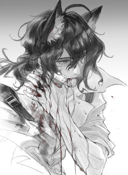 1boy animal_ears arknights beard_stubble bleeding blood blood_from_mouth blood_on_clothes blood_on_hands chinese_commentary collarbone commentary_request facial_hair fox_boy fox_ears gradient_background grey_background greyscale hair_between_eyes hand_on_own_neck highres injury lishijiu long_hair looking_ahead male_focus mature_male mole mole_on_chest mole_under_eye monochrome nowell_(arknights) open_collar parted_lips scar scar_on_arm simple_background sleeve_garter sleeves_rolled_up solo sparse_stubble spot_color stubble sweat toned toned_male upper_body wavy_hair white_background wing_collar