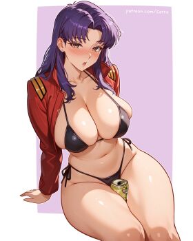 1girl :o absurdres alternate_breast_size_(larger) arm_support between_thighs bikini black_bikini blue_background blue_hair blush breasts brown_eyes can collarbone commentary curvy drink_can earrings hair_intakes highres jacket jewelry katsuragi_misato large_breasts long_hair long_sleeves looking_at_viewer navel neon_genesis_evangelion nose_blush open_clothes open_jacket open_mouth red_jacket reus_(cetta) shiny_skin side-tie_bikini_bottom simple_background sitting skindentation solo stomach stud_earrings swimsuit thighs thong thong_bikini watermark web_address white_background wide_hips