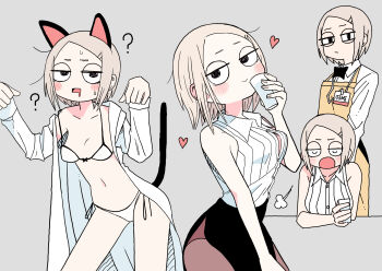 1girl abe_tomomi animal_ears bikini black_eyes black_ribbon black_skirt blush brown_hair cat_ears drunk half-closed_eyes heart highres neck_ribbon original pantyhose ribbon shirt short_hair skirt swimsuit white_bikini